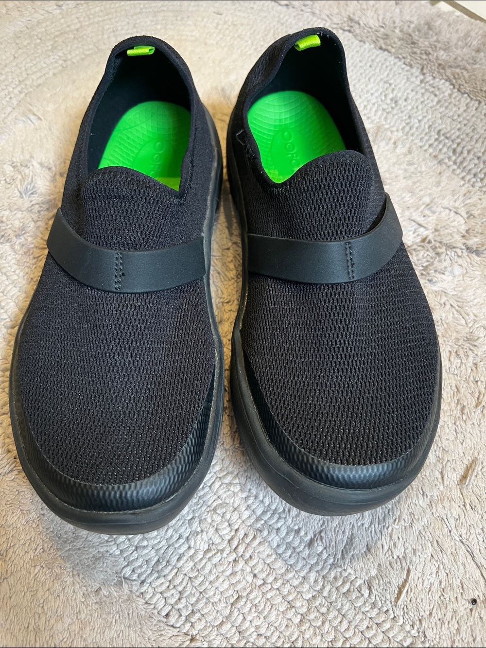 OOFOS Black Slip-On Loafers with Bright Green Insole